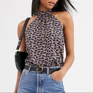 Leaf Print High Neck Halter Top